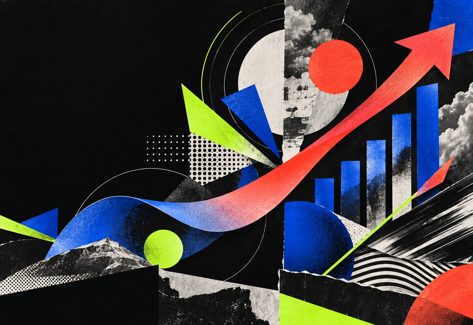 Abstract editorial collage in electric blue, red, and acid green